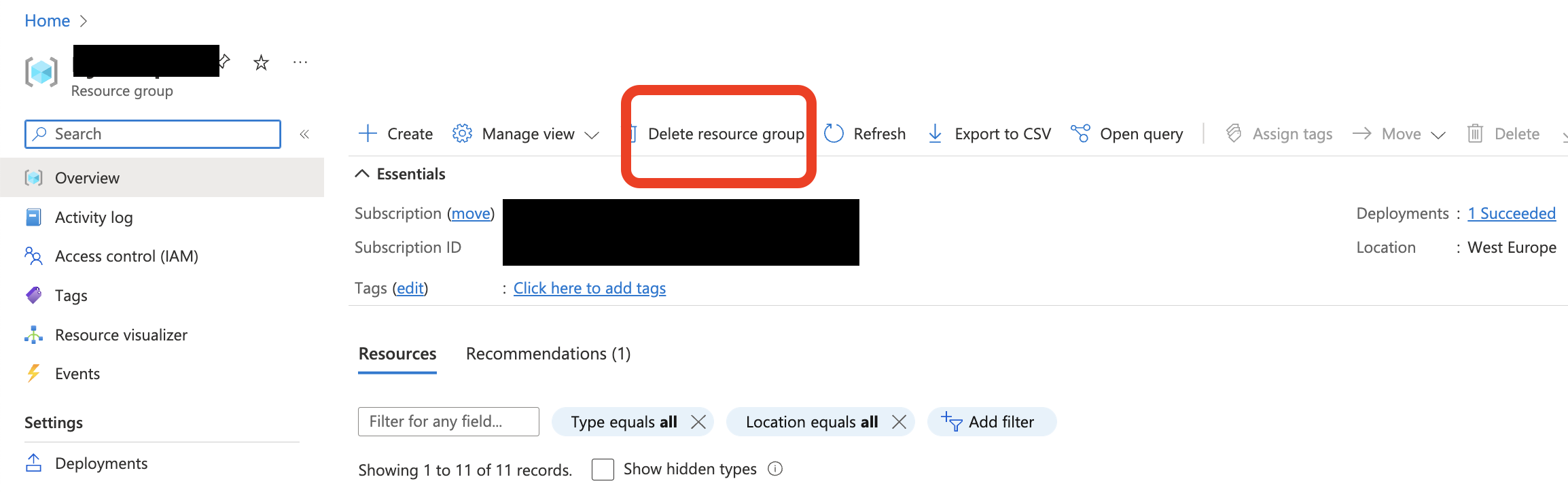 delete deployment resource group